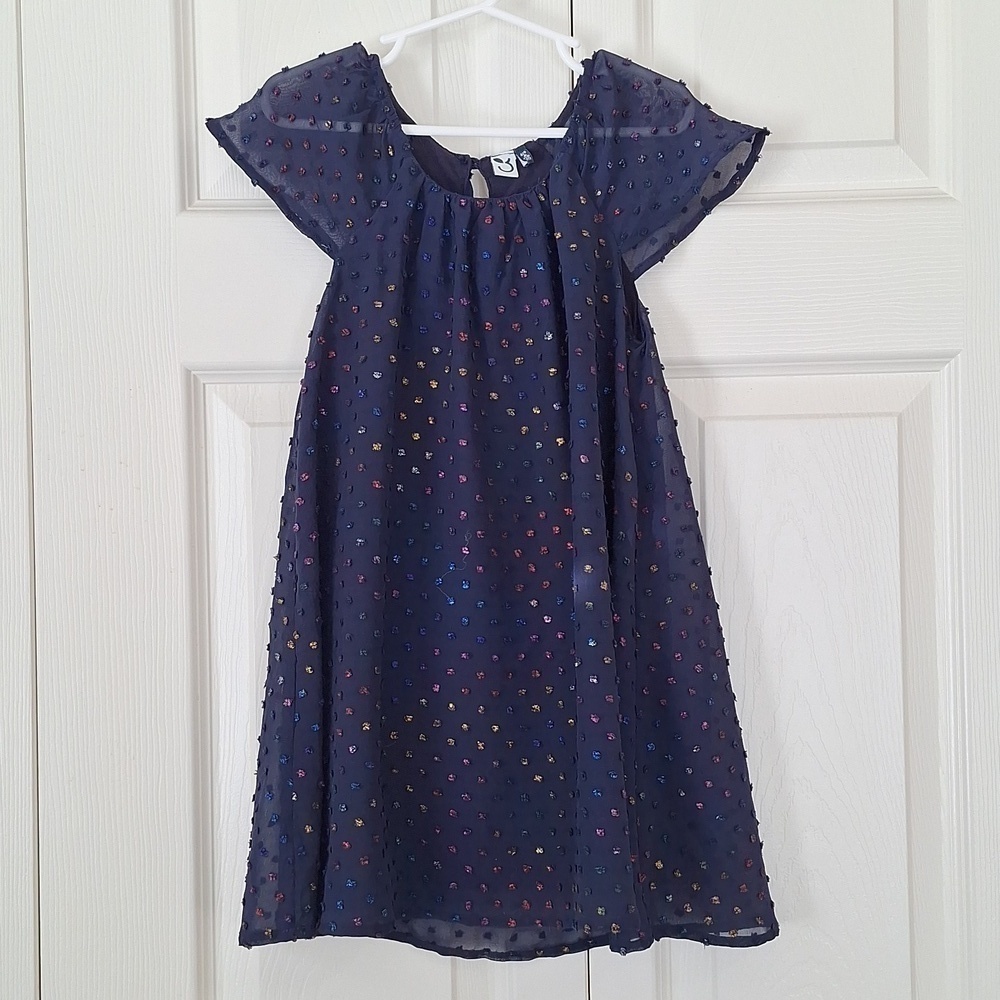 NWOT 3Pommes Girls Navy Robe A Manches Short Sleeve Dress - Picture 3 of 15